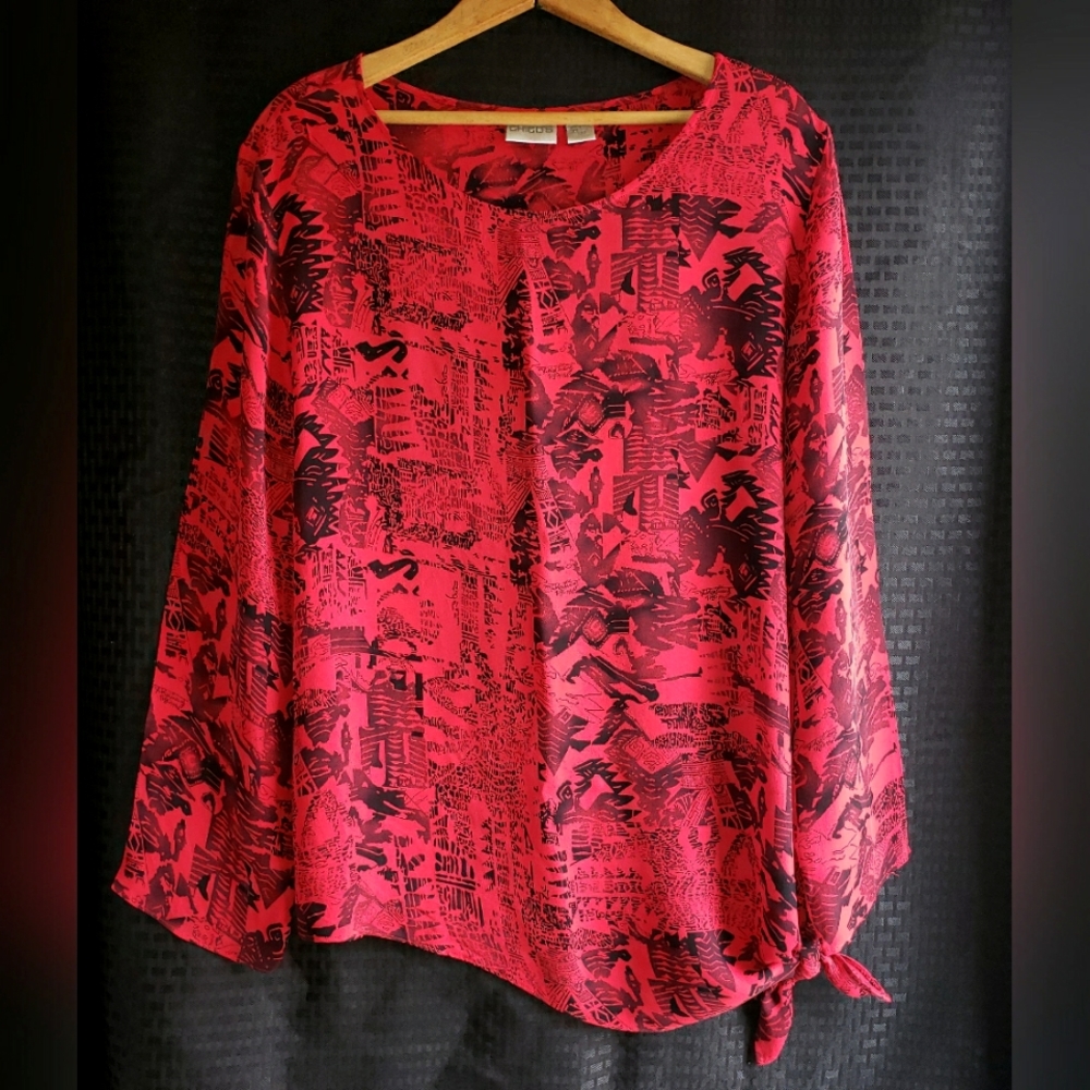 CHICO'S 100% Silk Multi-Design Printed Blouse Size:2 Red & Black.